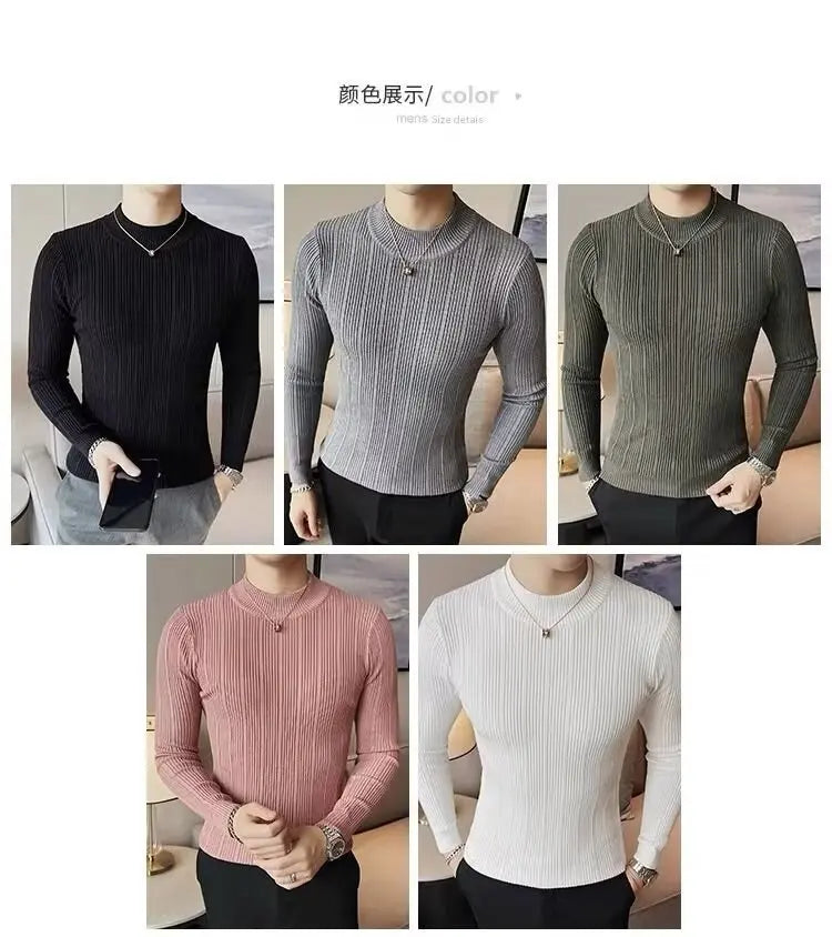 S-3XL Striped Versatile Men's Half High Neck Long Sleeve Sweater Mid Neck Slim Knit Bottom Shirt
