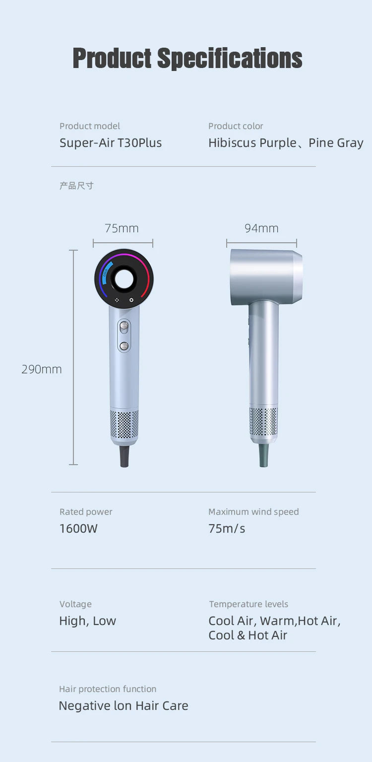 1600W T30 PLUS Professional AC High-Speed Ionic Salon Hair Dryer Smart LED Display Concentrator Nozzle Wall Mount for Hotels