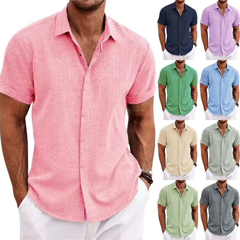 Men's Linen/Cotton Short-Sleeve Loose-Fit Solid Color Beach-Style Plus-Size Shirt Turn-down Collar Beaded Machine Washable
