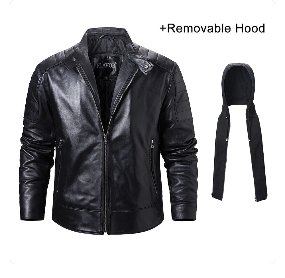 FLAVOR Men's Leather Motorcycle Jacket Black Sheepskin Real Leather Jacket With Removable Hood