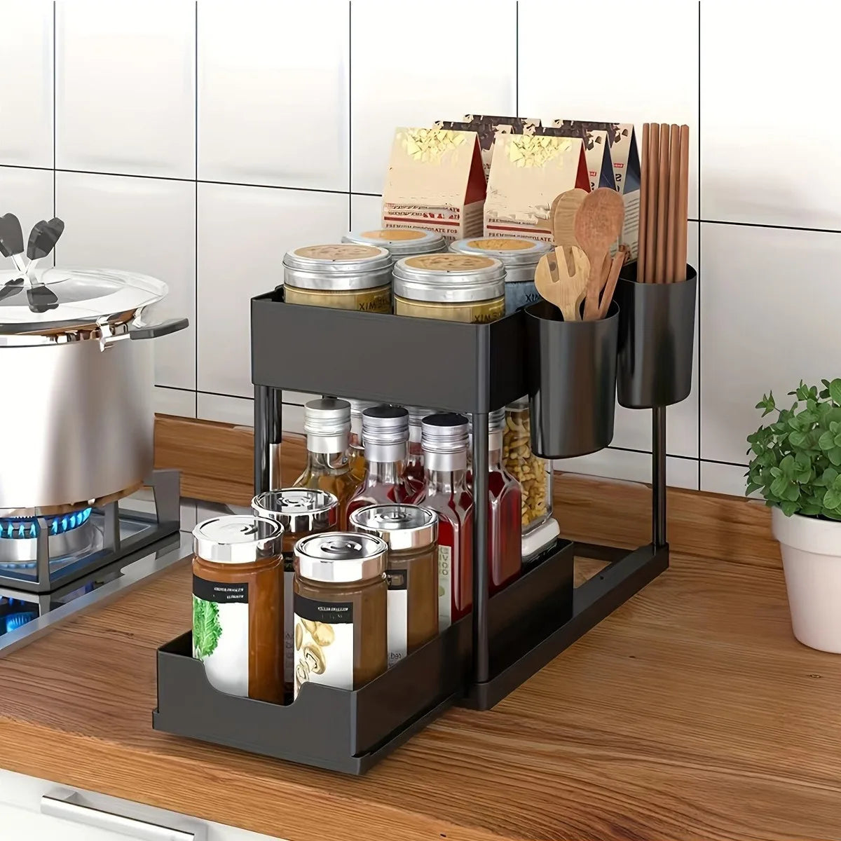2 Baskets with 4 Hooks 2 Tier Under Sink Organizer Sliding Cabinet Basket  Rack with Hooks Hanging Cup Storage Rack Organizer