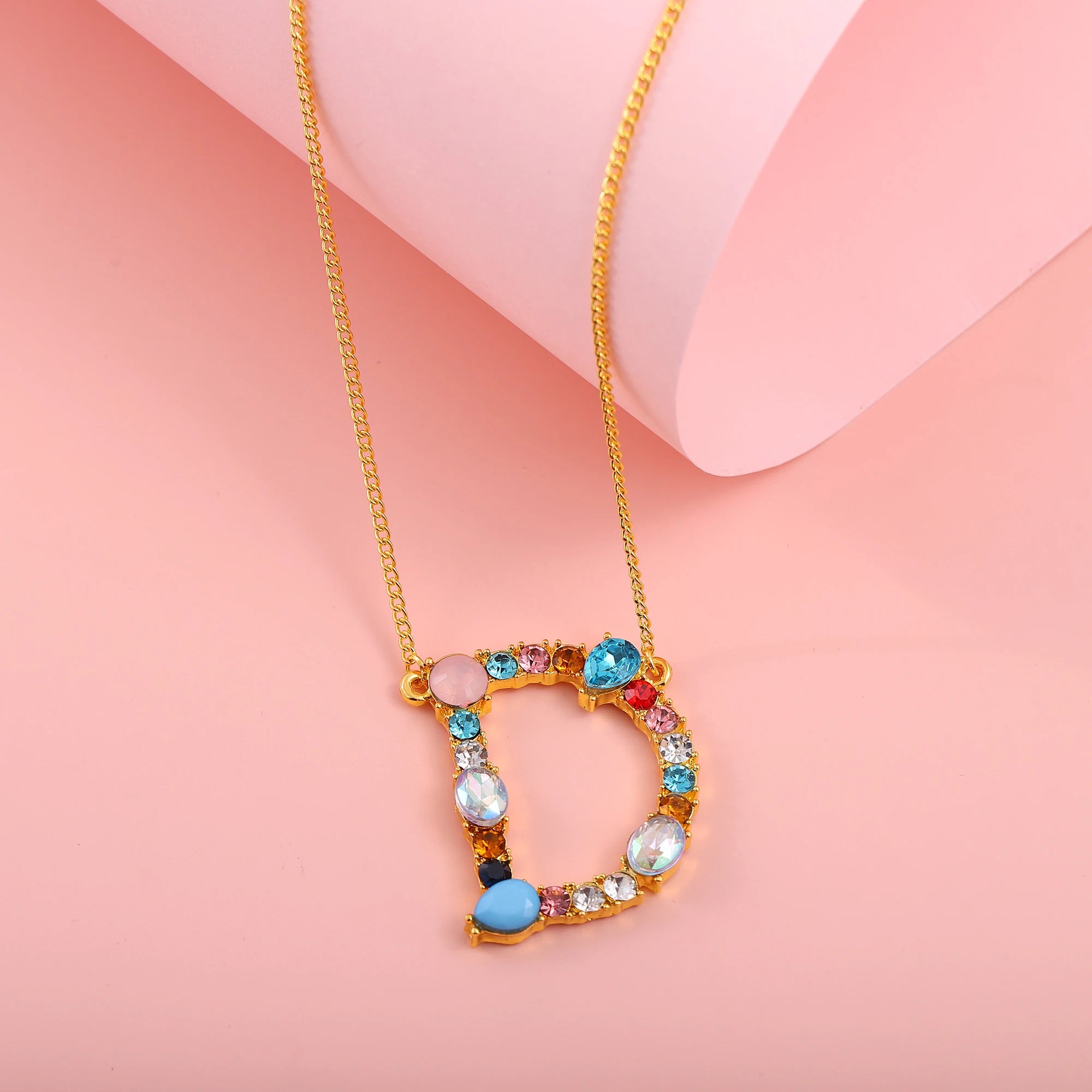 Hainon Fashion Initial 26 Letter Necklace Colored Zircon Necklace Electroplated Gold Sweater Chain