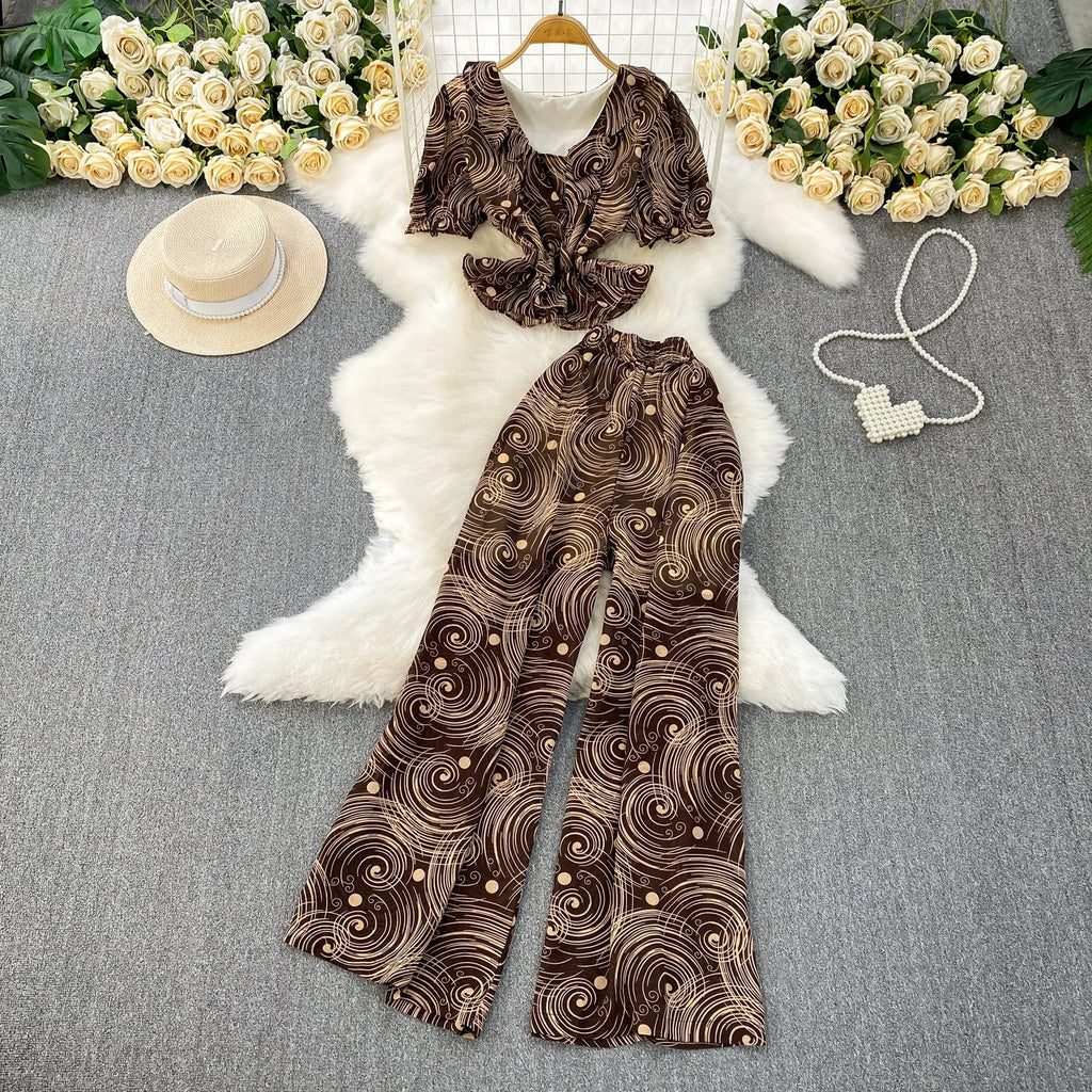 Lotus Leaf V-neck Short Sleeved T-shirt and High Waist Printed Chiffon Straight-leg Wide-leg Pants Two-piece Set