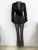 2026 Spring Lady Fine Workmanship Beading Solid Suit Long Sleeve Hollow Out Waist Blazer See-through Flared Pants Women 2Pcs