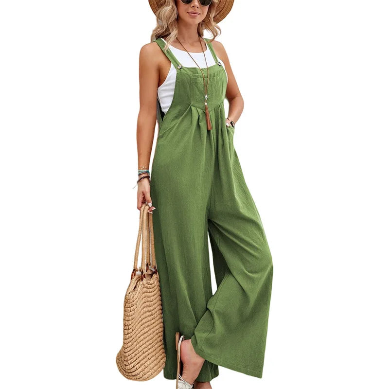 2025 Women's Summer Retro Style Jumpsuit New Style Solid Color Casual Strap Pants Loose Fit Breathable with Art Retro Pocket