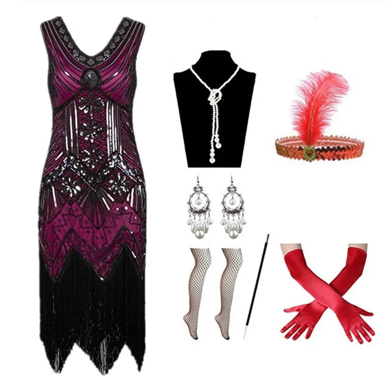 Halloween Cosplay Dress for Women 1920s Vintage Flapper Long Fringe Beaded Gatsby Party Dress With 20s Accessories Set