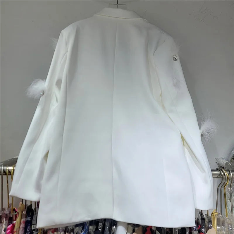 Boutique Wholesale 2026 Autumn New Fashionable French Design Water Diamond Splicing Feather Double Breasted Loose Women's Suit