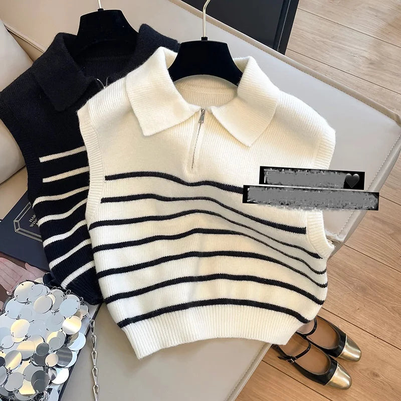 Retro Collar Zipper Striped Knitted Vest Sweater Autumn Winter Camisole Top for Women Clothes Wholesale