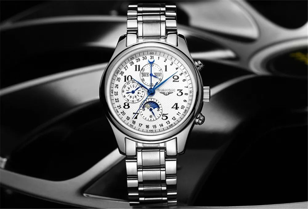 GUANQIN Leather Steel Mechanical Sapphire Men Watches Top Brand Luxury Waterproof Automatic Wristwatch Calendar Moon Phase