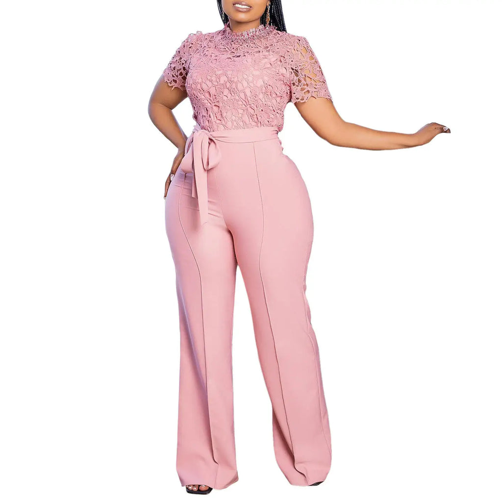 Women's Casual Satin Jumpsuit with Sexy Lace Cutout Short Sleeve High Waist Halter Collar Button Decoration
