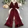 Women Sexy V Neck Short Sleeved Waist Fashion Female Ruffle Wide Leg Jumpsuit