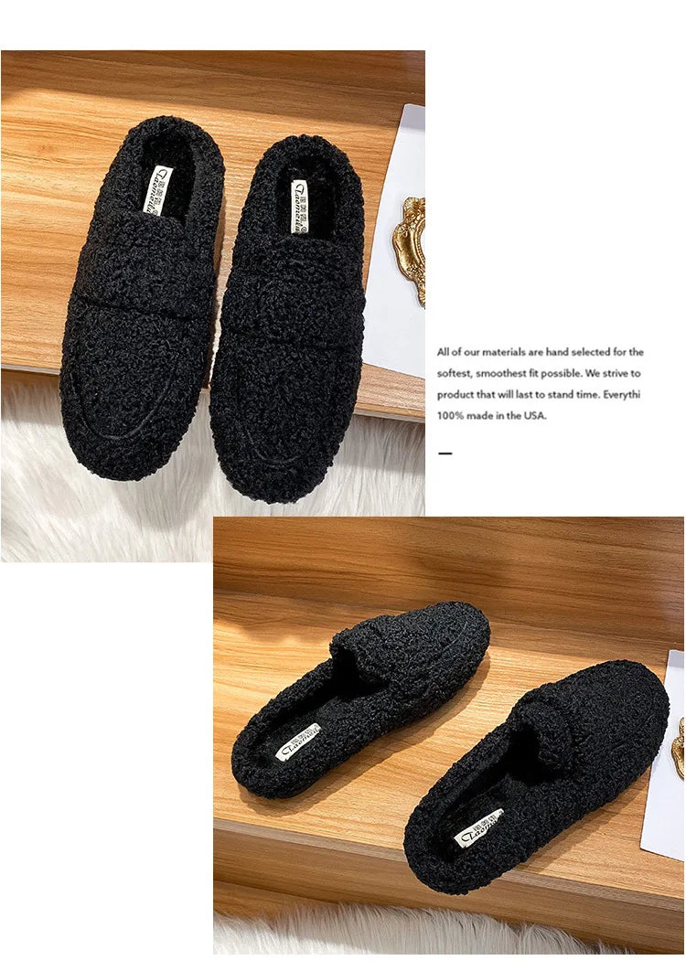 Winter Warm Plush Mules Women One Band Fur Slippers Cozy Cotton Shoes Woman Flats Cover Toe Fleeces Slides Femme Wool Pantuflas