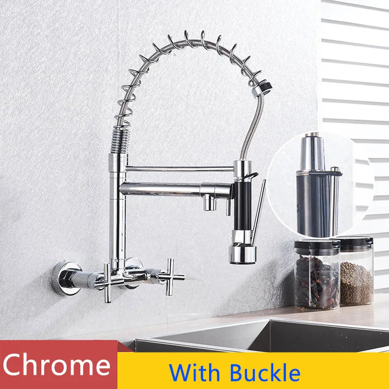 Chrome Spring Kitchen Faucet 360 Rotation Pull Down Hand Sprayer with Buckle Kitchen Taps Wall Mounted Cold Hot Water Mixer Taps