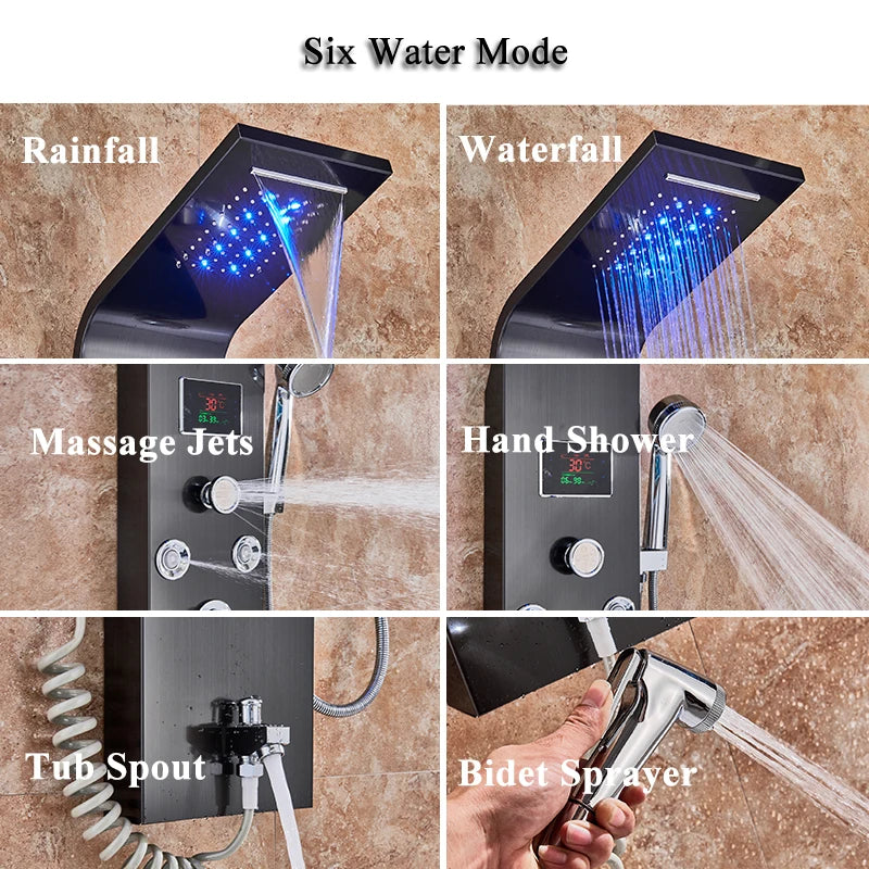 ULGKSD Black/Brushed Bathroom Shower Faucet LED Shower Panel Column Bathtub Mixer Tap With Hand Shower Temperature Screen