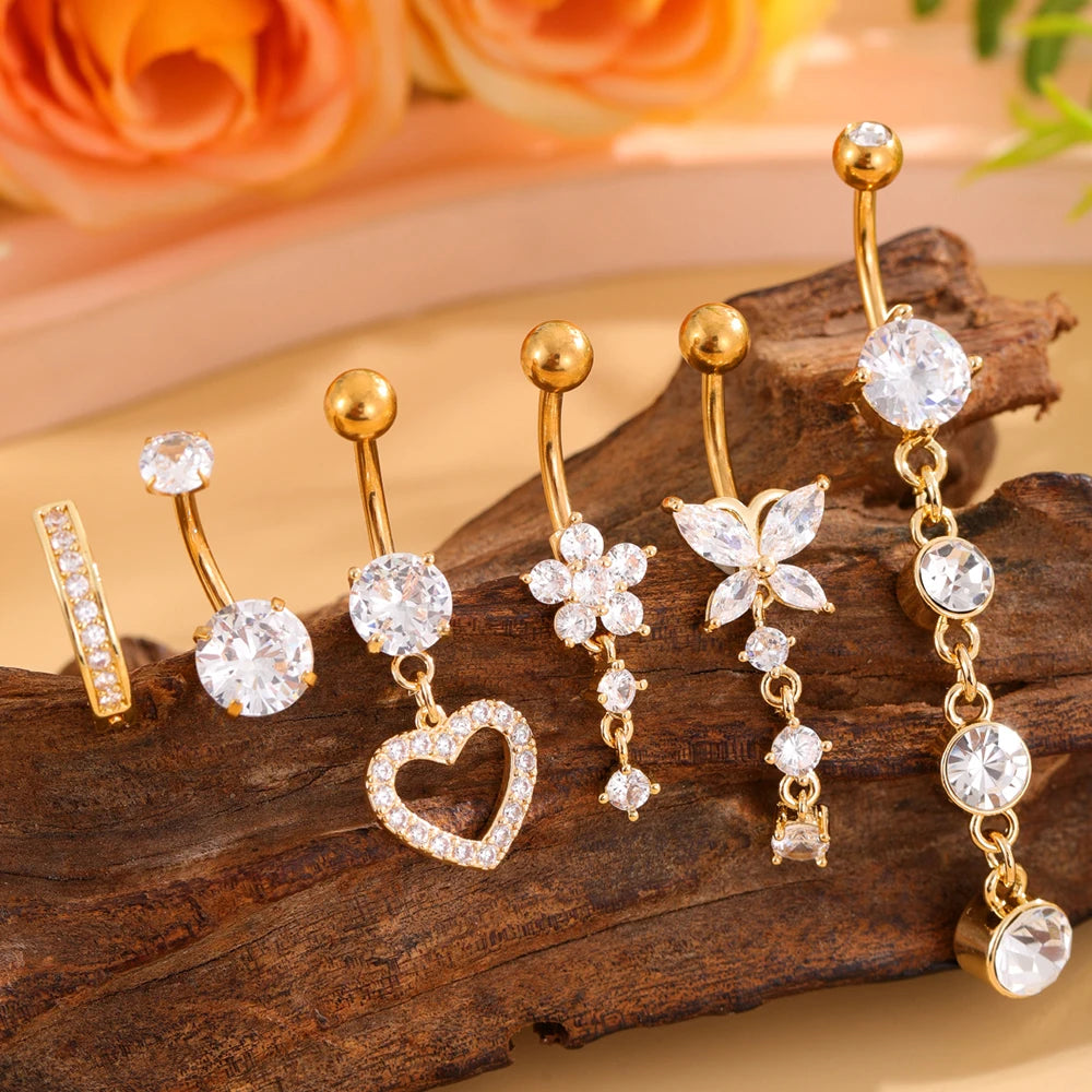 Set 6 Stainless Steel Gold-Plated Heart-Shaped Butterfly Navel Rings Cubic Zirconia 14G Bar Belly Button Piercing Rings Weddings