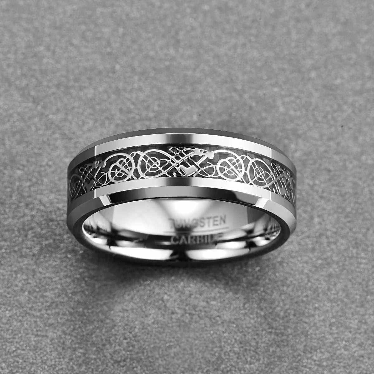 Wholesale 8mm Width Chamfer Natural Color Inlaid Dragon Pattern Black Fiber Men's Tungsten Rings Jewelry Gift