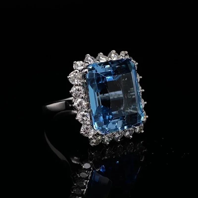 Women's Party Cocktail Ring Gemstones Natural Aquamarine Emerald Cut Pave Setting Glam Fashion Geometric Design