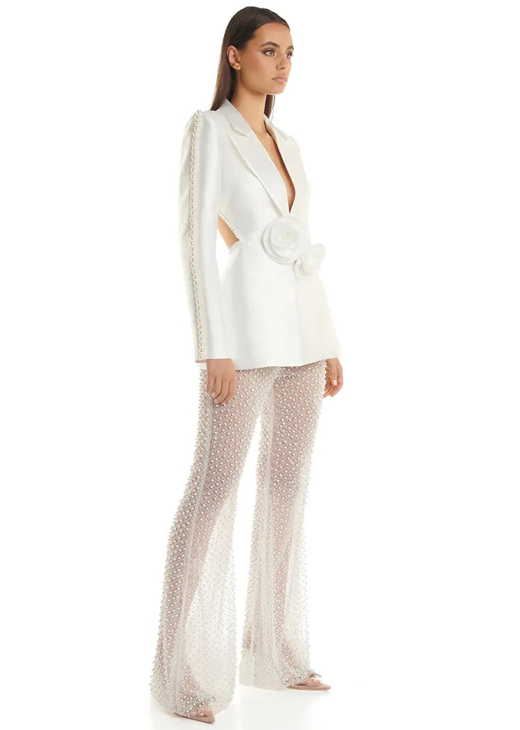 2026 Spring Lady Fine Workmanship Beading Solid Suit Long Sleeve Hollow Out Waist Blazer See-through Flared Pants Women 2Pcs