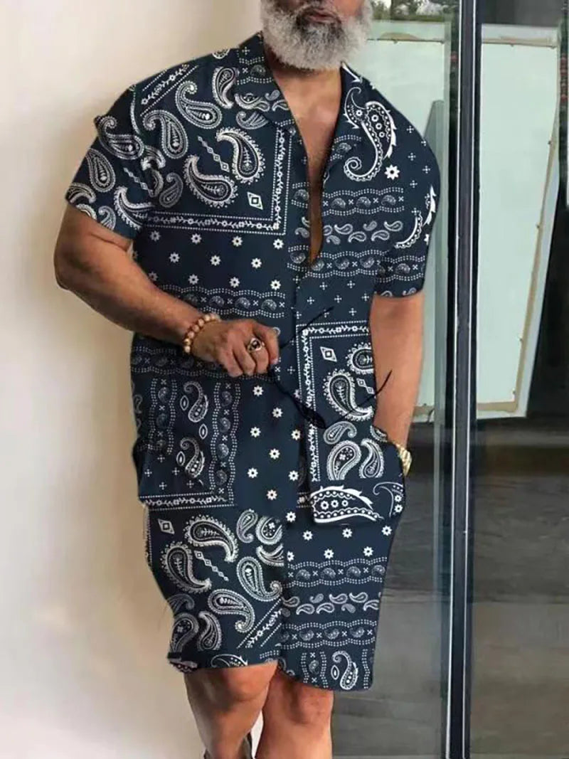 New Men Sets Print Patchwork Lapel Short Sleeve Casual Shirt Beach Shorts Summer Men Streetwear Vacation Hawaiian Suits