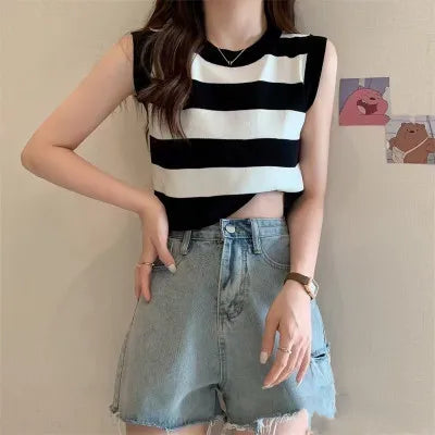 2024 Summer Women's Short Knitted Striped Ribbed Tank Top Breathable and Sustainable