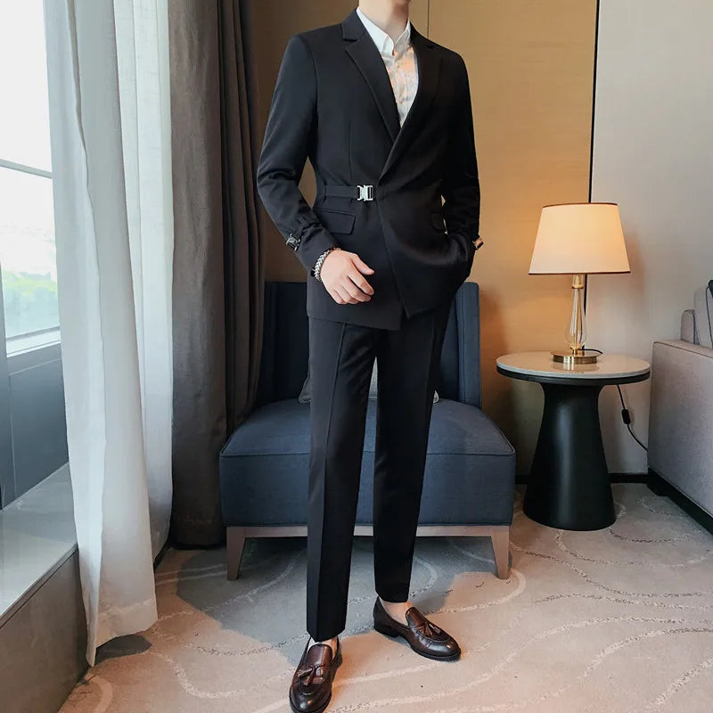 XS-5XL Men's Autumn and Winter Personalized Buckle Design Suit Fashion Business Casual Suit Set Two Piece