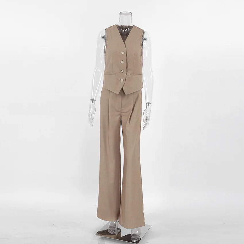 Enyami Minimalist Office Casual Co Ords Outfits V Neck Buttons Vest High Waist Wide Leg Pants Suits 2 Two Piece Sets Women