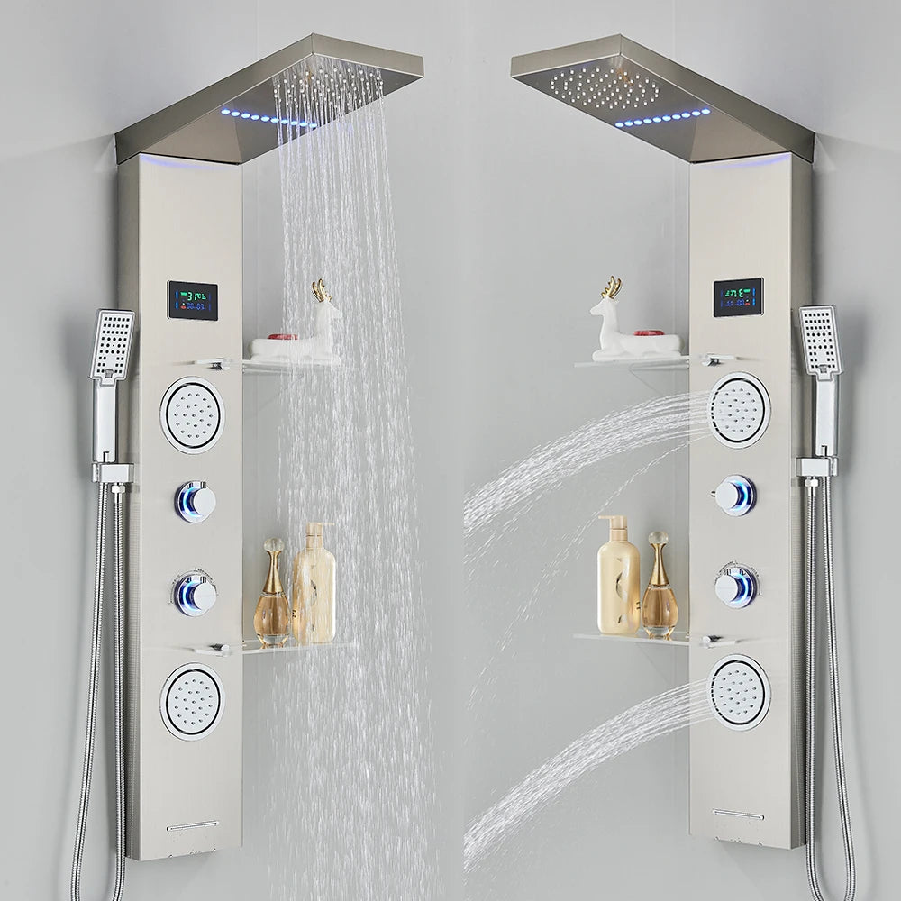 LED Shower Panel Waterfall Rain Digital Display Shower Faucet Set SPA Massage Jet Bathroom Column Mixer Tap Tower System