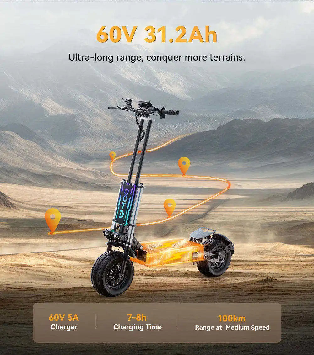 EU Warehouse OOTD T90 Electric Scooter 4200W Peak Dual Motor 60V 31.2Ah Battery 100km Range 13 Inch Off Road Folding E Scooter