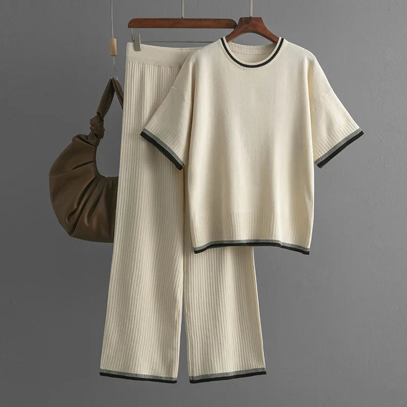Boutique Wholesale 2026 Summer New Simple and Fashionable Round Neck Short Sleeve Slimming Pants Contrast Color Women's Set