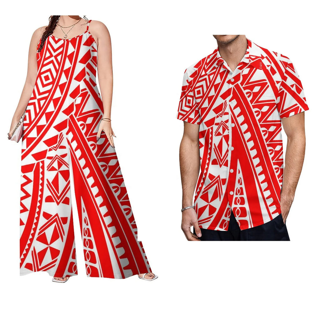 Low Price Custom Plus Size Polynesian Clothing Casual Sets of Couples Samoan Tribal Print Men Shirt Women Loose Rompers 2pc Sets