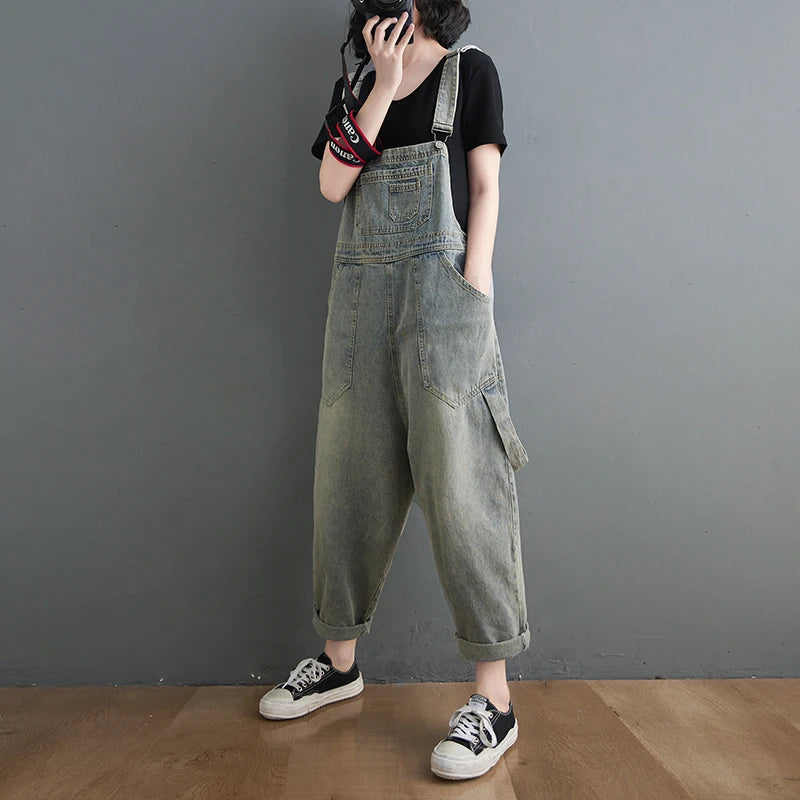 Boyfriend Loose Jeans Overalls For Women Casual Plus Size Wide Leg Denim Jumpsuit Straps Baggy Cargo Pants Big Pockets Dungarees