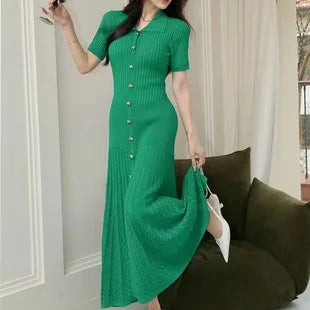 Button Lapel Slim Fit Knitted Short Sleeve Collar Wholesale Sweater Rib Slim Ruffles Polo Casual Elegant Long Dress Women