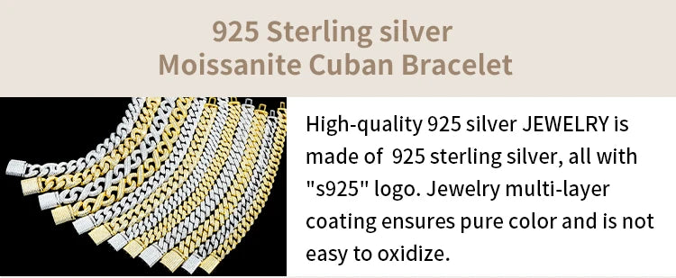 Custom Luxury 12 16 20 mm Full Iced Out Hiphop Moissanite Diamond Miami Silver Cuban Link Chain Bracelet in Silver 925 for Men
