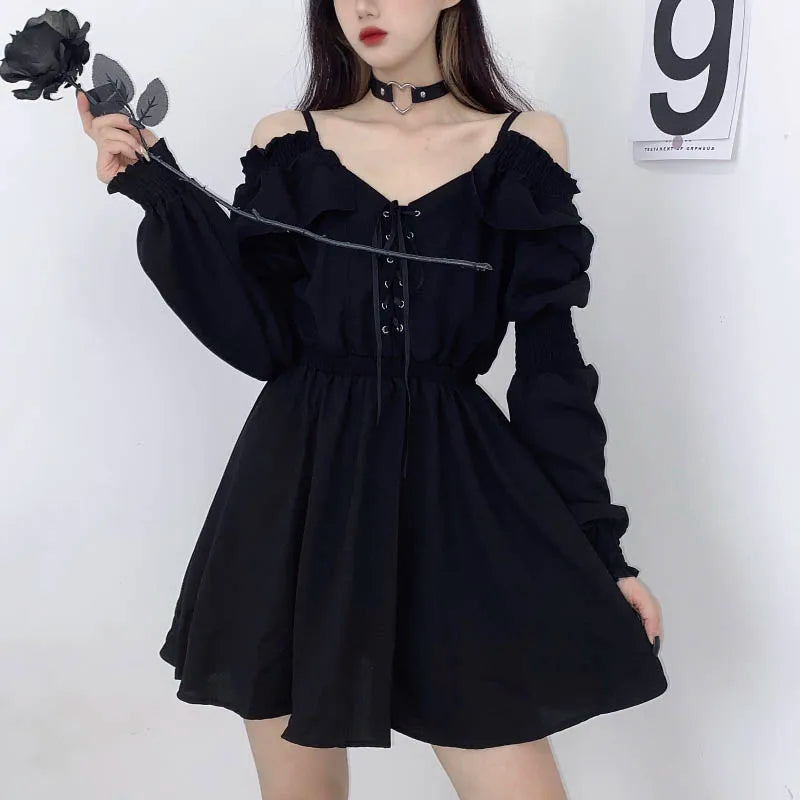 Zoki Harajuku Gothic Women Dress Y2K Summer Sexy Off Shoulder Black Bandage Mini Dress Fashion Elegant Party Night Vestidos New