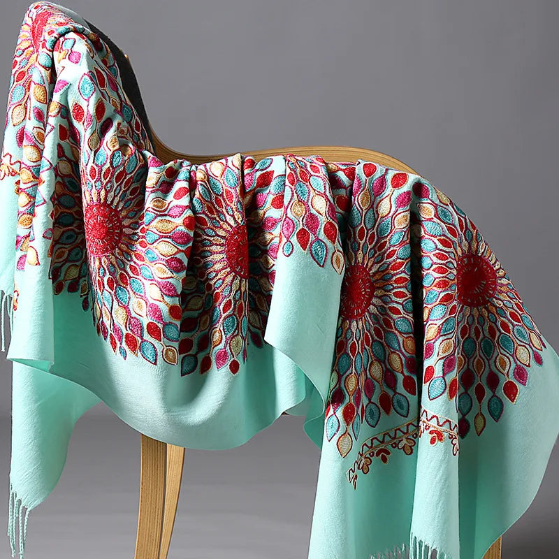 Wholesale JiYun 2025 Ladies Winter Scarf Shawl Floral Tassel Embroidery Soft Heavy Cashmere Feel-Hot Sale Winter Accessory