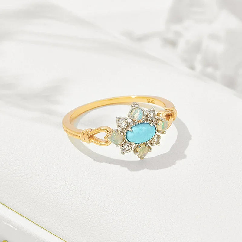 Vintage Gemstone Rings for Women Natural Opal Topaz Turquoise Ring 925 Sterling Silver Gold Plated Luxury Jewelry LAMOON