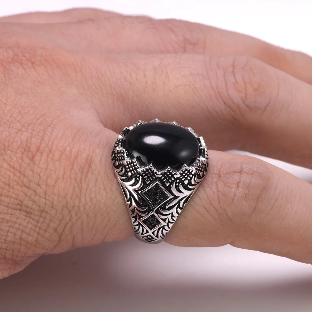 Guaranteed 925 Sterling Silver Black Rings for Men Retro Vintage Flowers Turkish Ring Jewellery With Stone Turkey Jewelry