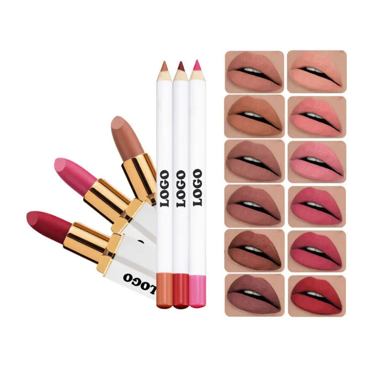 Cruelty Free Vegan Matte Lipstick Lipliner Set OEM logo Waterproof White Package Lip Kit with Brown Lipliner