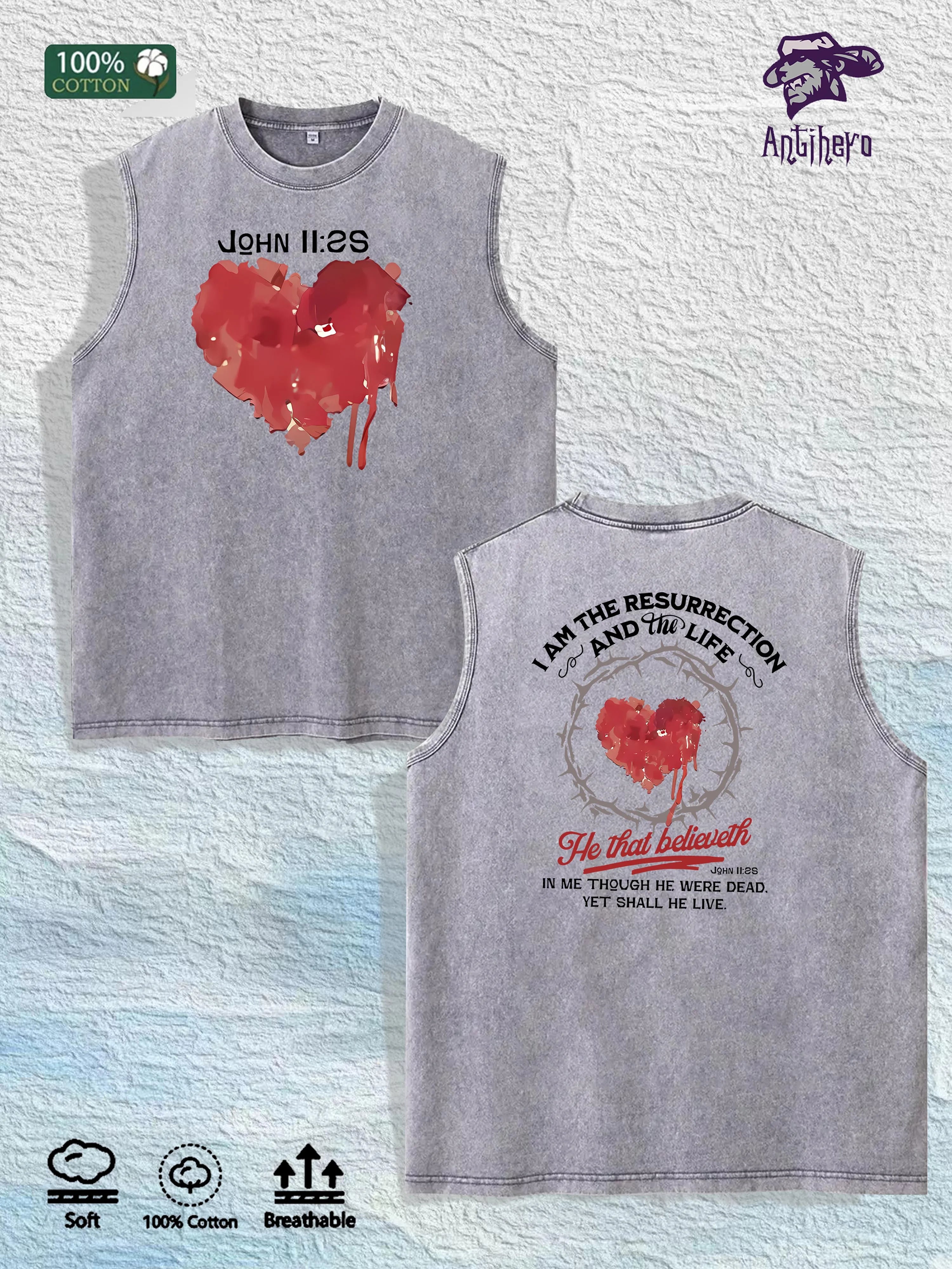 Religious Heart - Printed Washed Vest US Local Warehouse 3 Colors Cotton Breathable Trendy Top