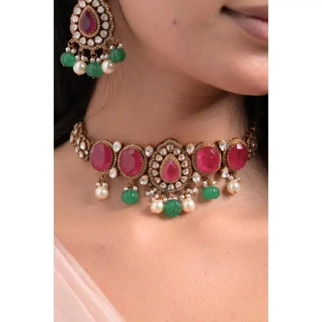 Green White Pearls Red Gemstone Bulk Wholesale Bohemian Gold Plated Fashion Jewelry Girls Indian Kundan 925 Sterling Silver Gift