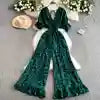 Women Sexy V Neck Short Sleeved Waist Fashion Female Ruffle Wide Leg Jumpsuit