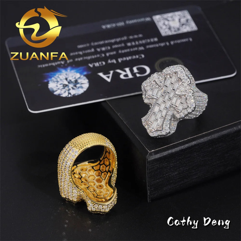 Hot Sale Instock  Iced Out Cross Moissanite Diamond Rings 925 Sterling Silver Hip Hop Ring Pass Diamond Tester Men Cuban Ring