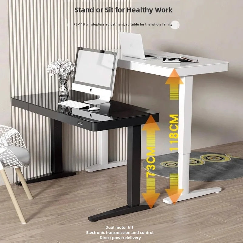 Solid Wood Electric Lift Table Tempered Glass Office Desk Smart Desk Study Desk