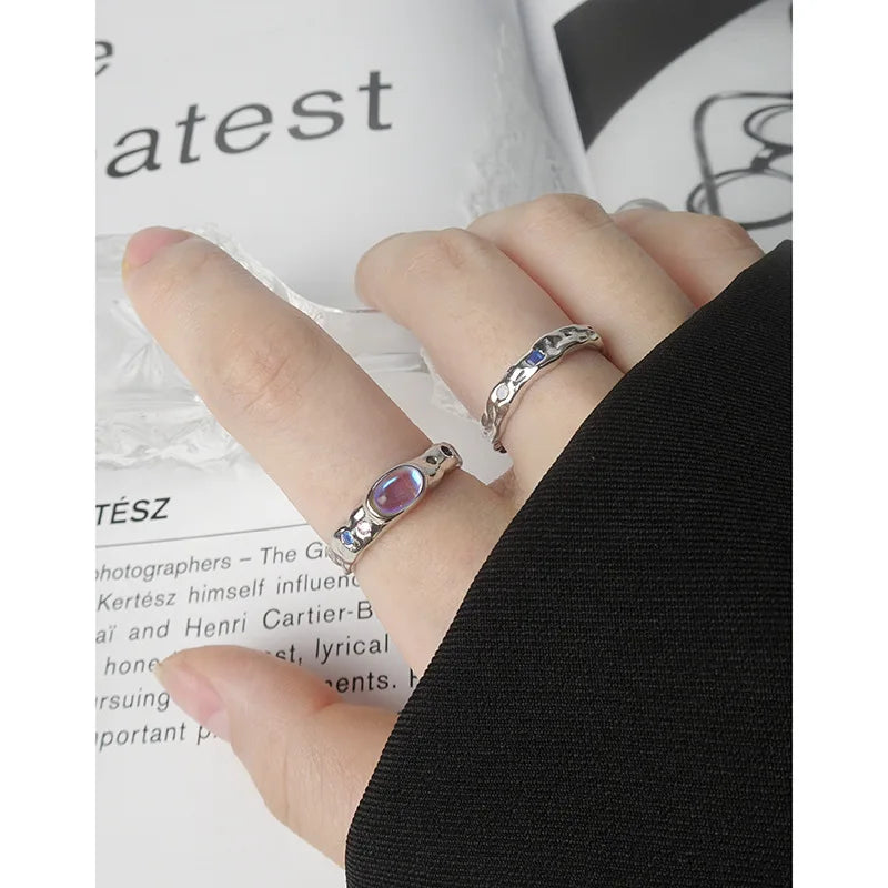 Wholesale 925 Sterling Silver Moonlight Oval Round Stone Colorful Zircon Wedding Rings for Girls Fine Jewelry