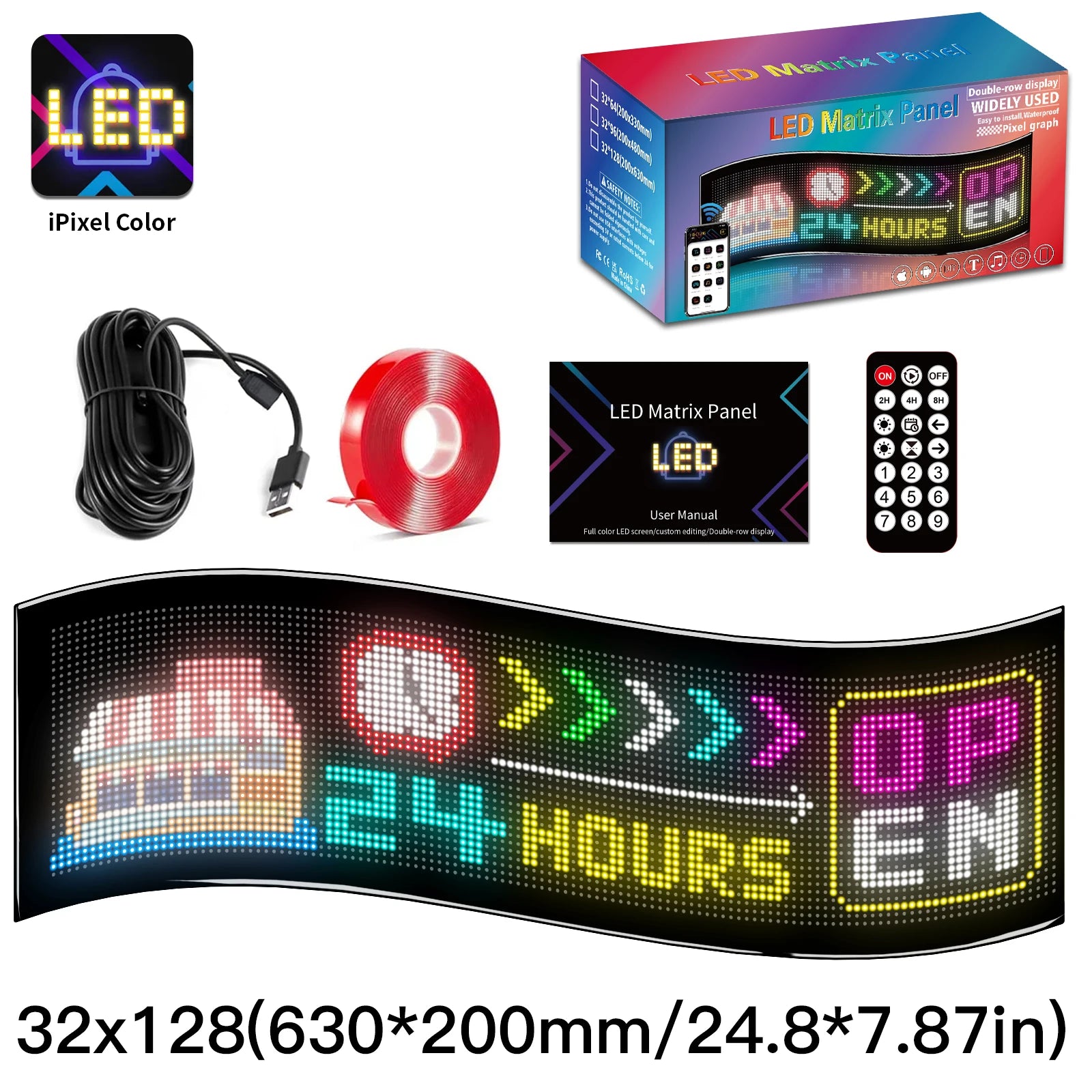 BGZM 32x128 Flexible Matrix LED Screen 12V Android APP-Controlled Universal Fit Car Front Text Advertising Display New 2-Year