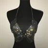 Sexy Rhinestones Fishnet Party Crystal Deep V Crop Top Rhinestone Chainmail Halter Draped Bra Ladies Club Crop Top