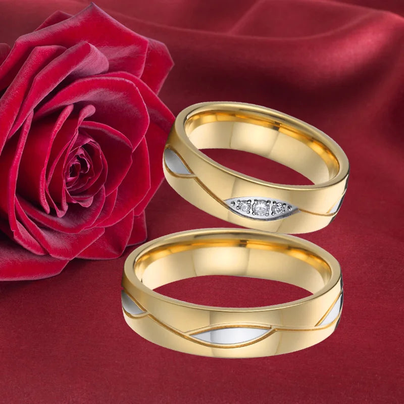 Custom 18K Gold Plated Vintage Inlay Zircon Trendy Stainless Steel Wedding Rings for Unisex Men's & Women's