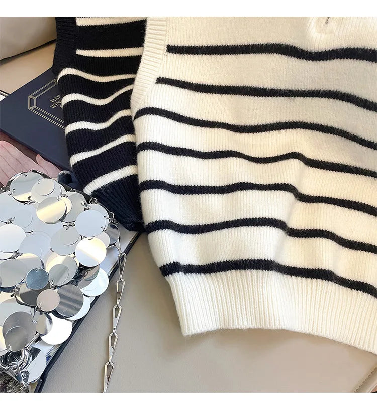 Retro Collar Zipper Striped Knitted Vest Sweater Autumn Winter Camisole Top for Women Clothes Wholesale
