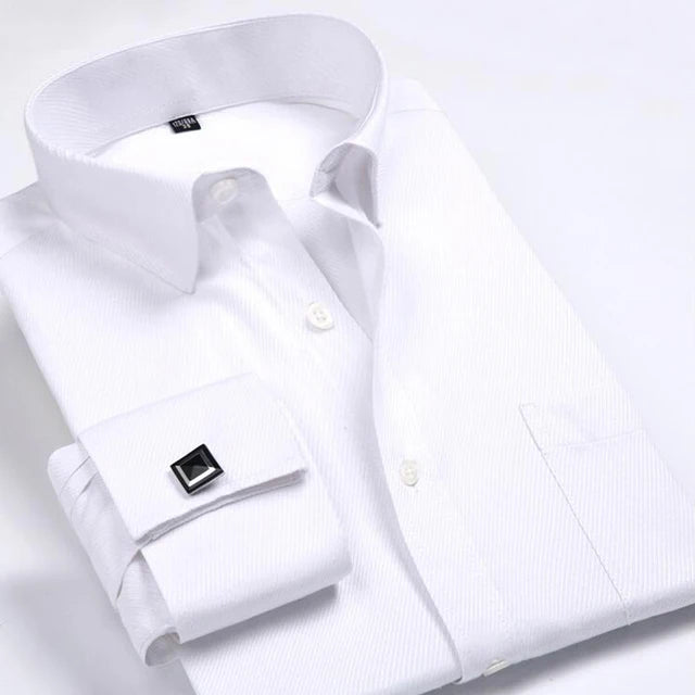 Men's Classic French Cuffs Striped Dress Shirt Single Patch Pocket Standard-fit Long Sleeve Wedding Shirts (Cufflink Included)