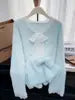 Ladies Casual V Neck Long Sleeve Mohair Lace Sweater Front Logo Patchwork Design Loose Fit